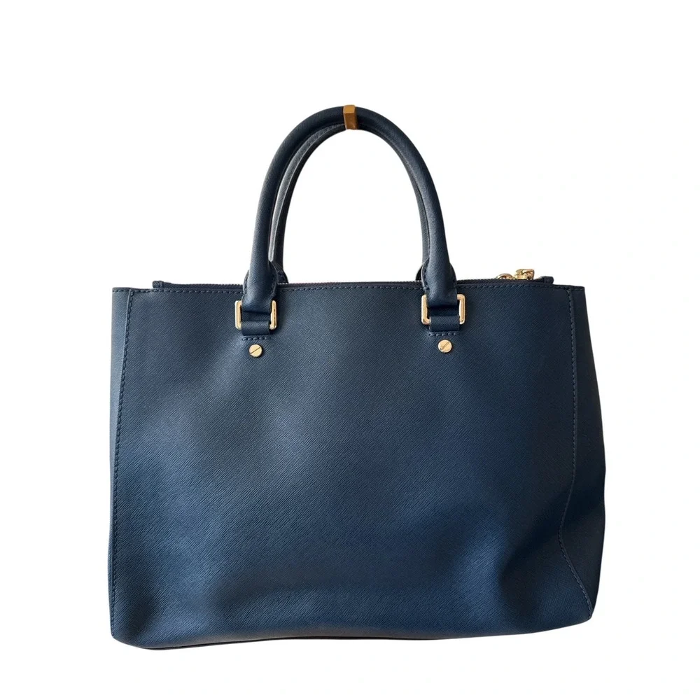 Michael Kors Sutton Medium Satchel Navy Saffiano Leather Handbag Gold‎ MK Charm